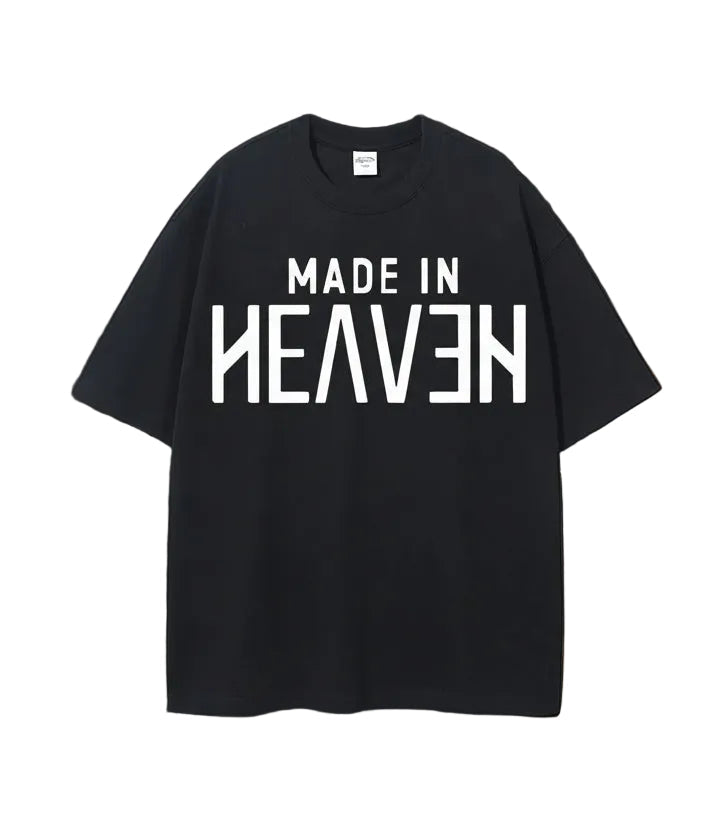 Black t-shirt with 'MADE IN HEAVEN' text. 