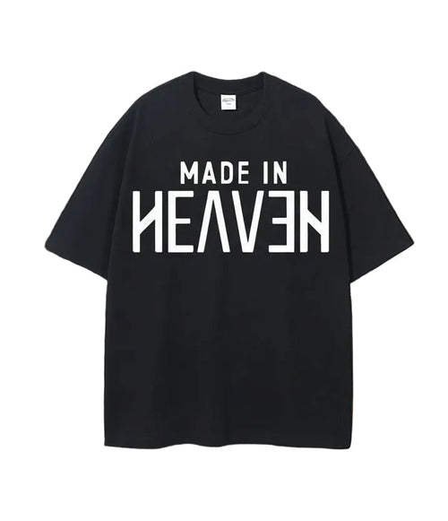 Black t-shirt with 'MADE IN HEAVEN' text. 